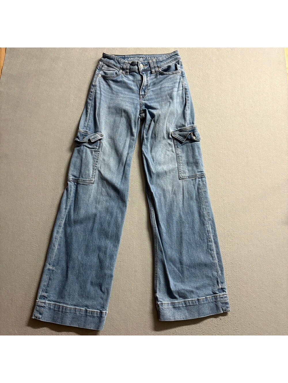 American Eagle Cargo Jeans Womens 000 Regular Blue Denim Wide Leg Stretch